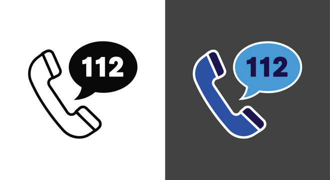 Emergency phone vector icons with 112 number - Minimalist, flat icon, outline, glyph, linear, clipart, sticker - icon set