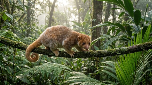 Wild Cuscus Marsupial Walking on Mossy Branch in Lush Tropical Rainforest Jungle