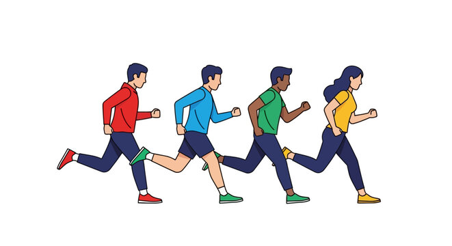 Diverse group of people running together, fitness and activity concept, flat illustration