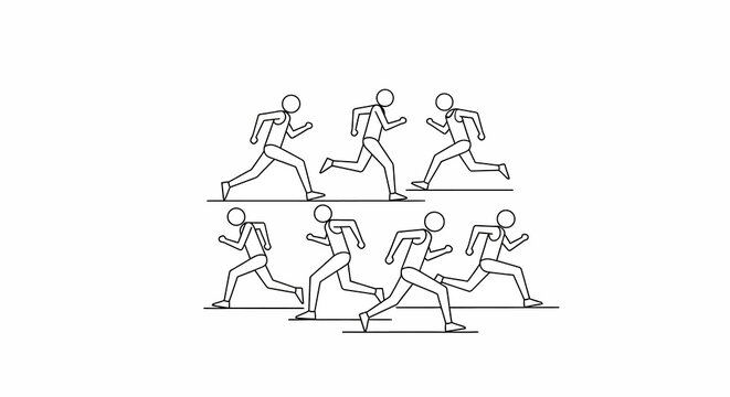 Diverse group of stick figures running in motion, representing speed and activity.