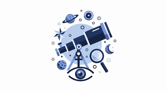Astronomy and Science Exploration Flat Design Illustration with Telescope, Planets, Eye, and Celestial Observation Icons
