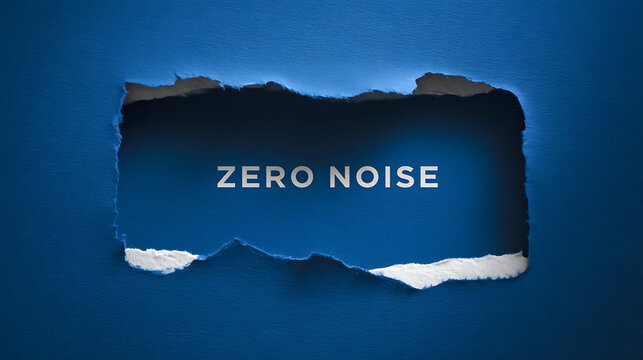 Abstract Text "ZERO NOISE" Through Torn Blue Paper Hole Revealing Dark Background, Concept of Silence, Serenity, and Breakthrough