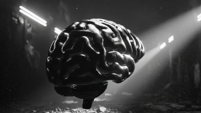Black and White Render of a Human Brain Floating in a Dark Futuristic Environment with Light