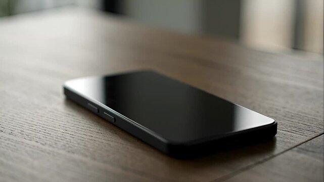 Smartphone on wooden table surface.