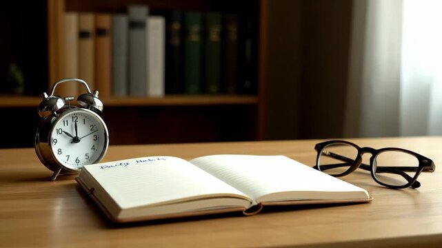 Cozy Workspace with Daily Habits Notebook - A serene workspace showcases an open notebook with "Daily Habits" inscribed on the page.
