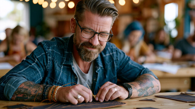 Artisan leather worker in a sunlit studio stitches a hand-cut wallet blank with a curved needle, a diverse team of apprentices practicing the same stitch at adjoining benches visible in the backgrou