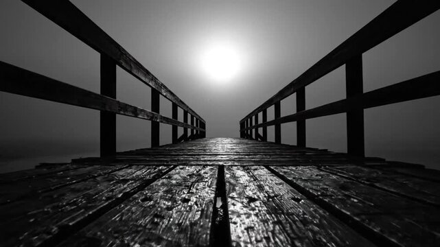 Low-angle monochrome view of a wooden pier stretching towards the bright sun in a tranquil scene