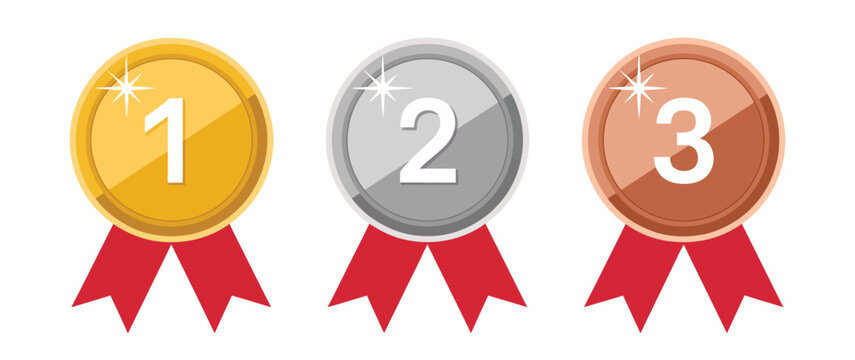 medals golden silver bronze ranking award set, 1st 2nd and 3rd place symbols, winner achievement and competition concept, sports victory icons, clean modern vector illustration.