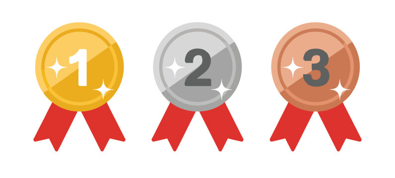 gold silver bronze medal icons, first second and third place ranking awards, championship and achievement concept, competition winner symbols, simple modern vector artwork.

