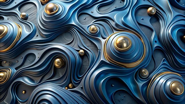 Abstract blue and gold swirling patterns, metallic background texture, liquid shapes design