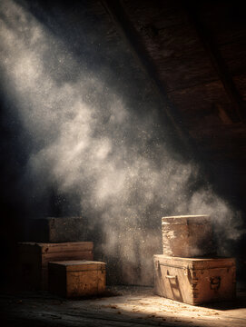 Dusty attic with old wooden trunks bathed in sunbeam, floating dust particles and rustic roof beams creating nostalgic atmosphere