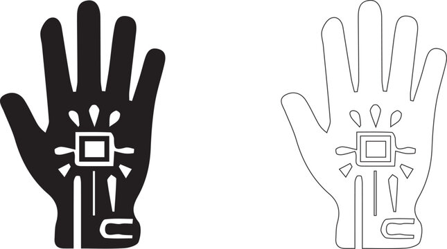 Human hand with embedded microchip technology icon set representing cybernetic enhancement and future digital identification.