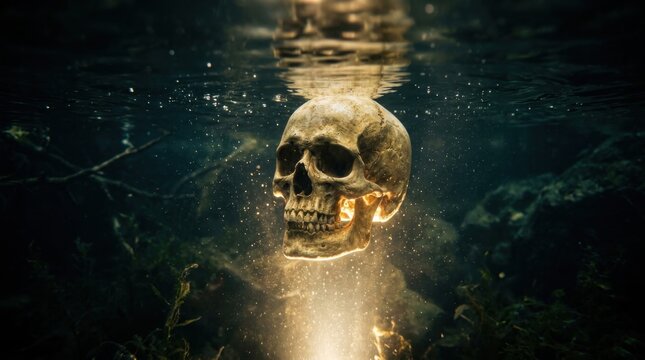 Skull floating on dark water with warm glow underneath. Halloween eerie lake concept.