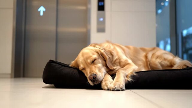 Golden Retriever Resting in Modern Lobby - A golden retriever dog is peacefully sleeping on a black dog bed in the lobby of a modern building.