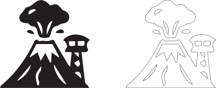 Active volcano eruption with smoke clouds and observation watchtower icon set in black silhouette and thin line art style.