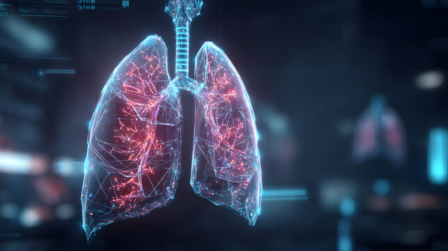 Futuristic transparent digital lungs with glowing neural like network and highlighted bronchioles showing airflow and diagnostics in dark laboratory setting