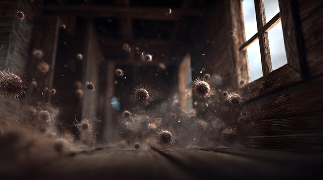 Dusty abandoned room with floating pollen like spores drifting in beam of window light conveying eerie atmosphere and decay