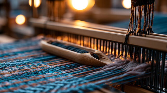 Textile mill loom in close-up single object detail, shuttle threads interlacing wool fibers in geometric chevron patterns, warm golden hour light streaming through factory windows onto moving parts,