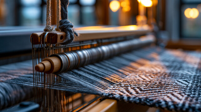 Textile mill loom in close-up single object detail, shuttle threads interlacing wool fibers in geometric chevron patterns, warm golden hour light streaming through factory windows onto moving parts,
