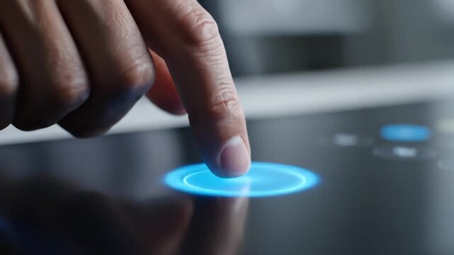 Finger Pressing a Digital Button - A close-up shot of a person's hand pressing a glowing blue button on a touch screen.