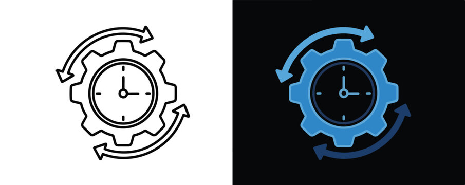 Vector gear clock icons with rotating arrows - Minimalist, flat icon, outline, glyph, linear, clipart, sticker - icon set