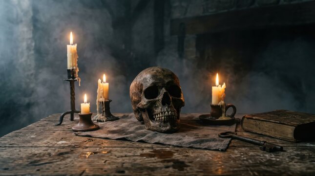 Skull with candles, old book and key on wooden table in fog. Halloween haunted room concept.