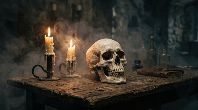 Skull with dripping candles and smoke on rustic table. Halloween gothic still life concept.