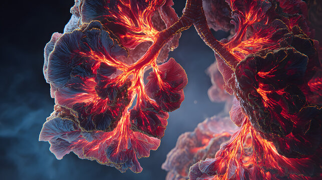 Glowing cross section visualization of damaged human lung tissue with inflamed airways and fiery vascular networks conveying pain and urgency