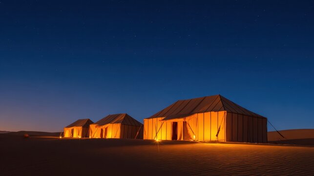 A serene desert scene with illuminated tents under a starlit sky fading into twilight