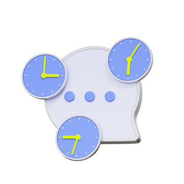 3D illustration of a speech bubble with multiple clocks for asynchronous communication, global team chat, timezone scheduling, international conference call, and remote collaboration timing.