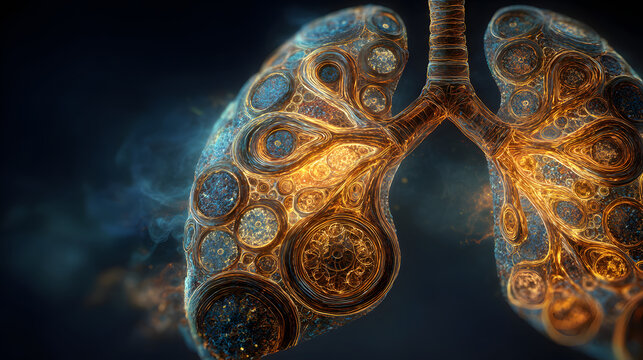 Golden fractal cross section visualization of damaged human lung tissue with glowing bronchi and circular cellular structures conveying inflammation and decay