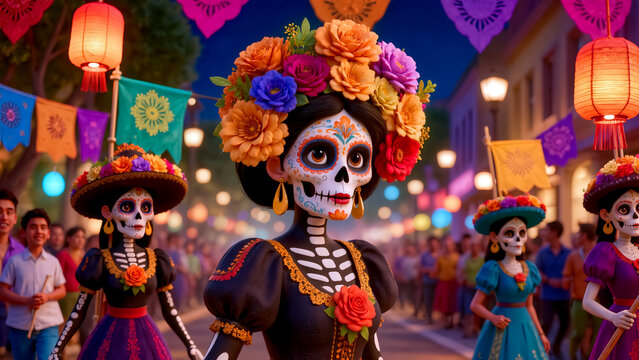 Day of the Dead celebration with elegant female skeletons in traditional Mexican dresses and floral headpieces at a night parade. 3D render style featuring vibrant lanterns, festive banners, 