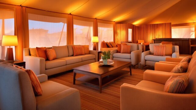 A spacious, warmly-lit lounge interior featuring comfortable seating and inviting decor