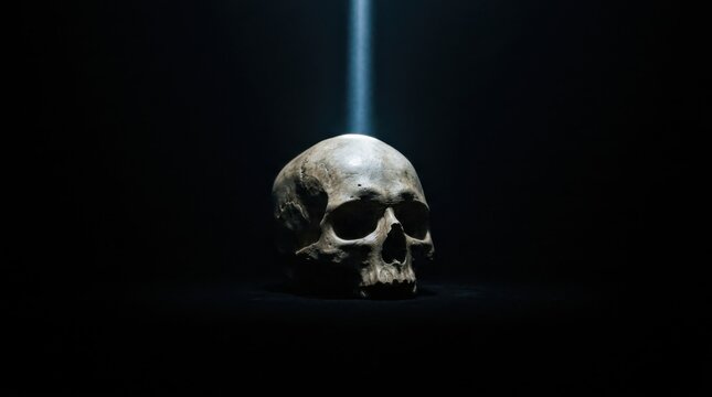 Skull side view in narrow beam of light with dark background. Halloween eerie spotlight concept.
