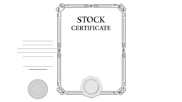 Sophisticated vector symbol of a framed equity certificate including a firm seal and modifiable line thickness, representing fiscal investment and corporate stakeholder rights.