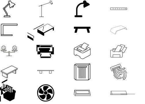 Office Equipment and Furniture 1 Vector Icon Set Collection: 20 Professional Flat Minimalist Icons of Monitor Stands, Laser Printers, Desk Lamps, Power Strips, Meeting Tables, Paper Shredders and Fans