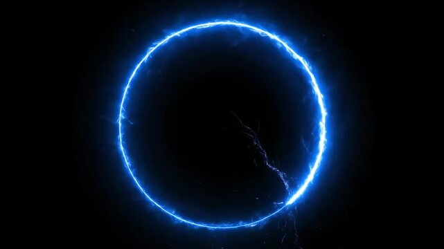 Blue Lightning Circle on Black Background - This video features a bright, electric blue circle that appears to be made of lightning or energy, set against a dark black background.