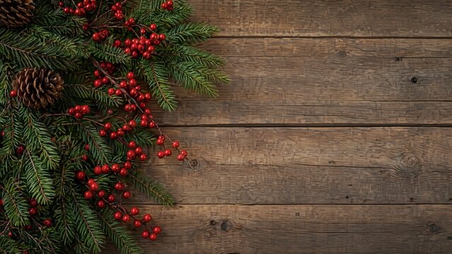 Festive evergreen branches with red berries on rustic wood.