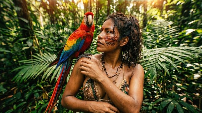 Indigenous woman with macaw parrot in Amazon rainforest