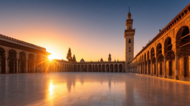 A serene courtyard basking in golden sunlight, with a stunning minaret and arched colonnades