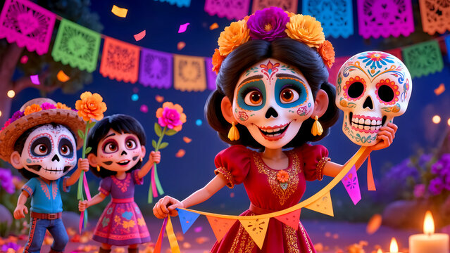 Cheerful 3D render children with Calavera face paint celebrating Day of the Dead, a girl holding a decorated sugar skull and festive bunting flags, vibrant Mexican festival atmosphere