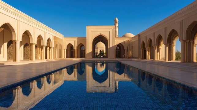 A serene architectural scene featuring a reflective pool and intricate arches under clear blue skies
