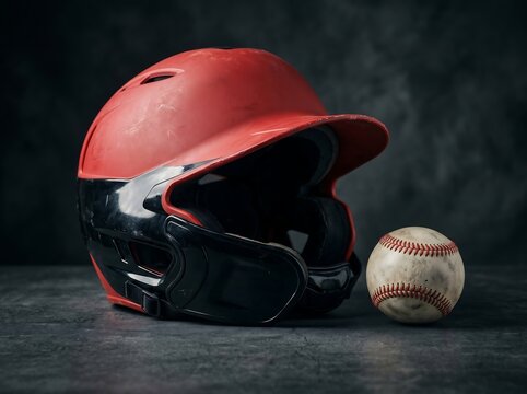 Red baseball batting helmet and used baseball on dark textured surface