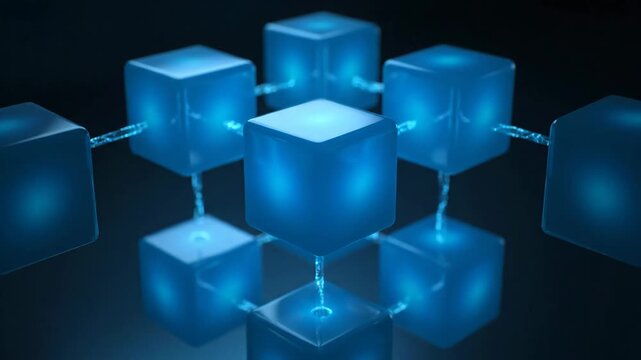 Abstract Technological Cube Network - A visual representation of interconnected glowing blue cubes symbolizing a digital network or blockchain system.