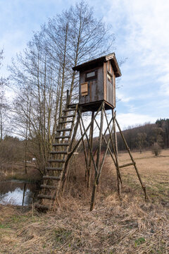 A tall wooden hunting tower with ladder stands beside a small pond and dry meadow near a forest edge. The image shows rural wildlife observation, countryside landscape, timber structure, and early spr