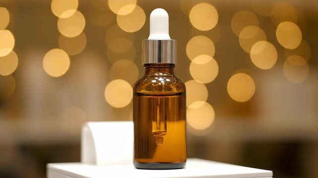 Amber Serum Bottle Display - This video shows a close-up of an amber-colored serum bottle with a white dropper, displayed on a white platform.