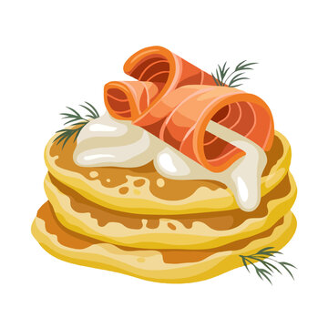 Stack of pancakes with bacon and herbs isolated on white background, Vector, illustration