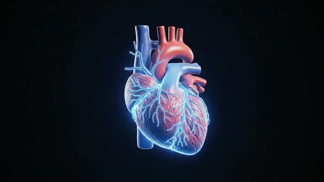 3D rendering of a human heart pumping with glowing blue circulatory system on a dark background, illustrating anatomy and medical science.