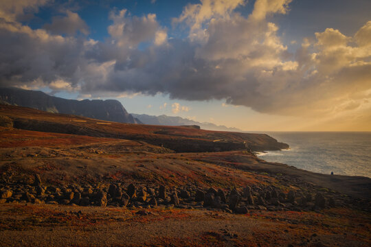 The mountains and the ocean at sunset. Playa Arrastradero near Risco Partido, Gran Canaria, March 2026