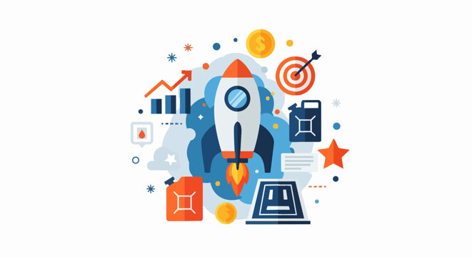 Business Startup Launch and Growth Strategy Concept Vector Illustration with Rocket Ship, Financial Charts, and Marketing Icons